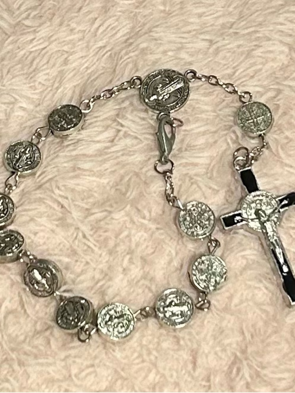 St Benedict Silver Tone Auto Rosary Black Enamel Crucifix Protection Bracelet